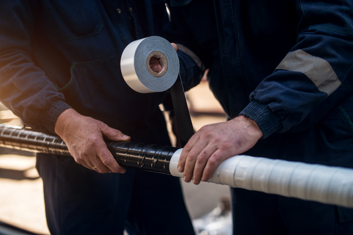 Two workers wrapping tape around a metal pipe by hand, with the tape roll and spiral overlap visible at the point of contact.